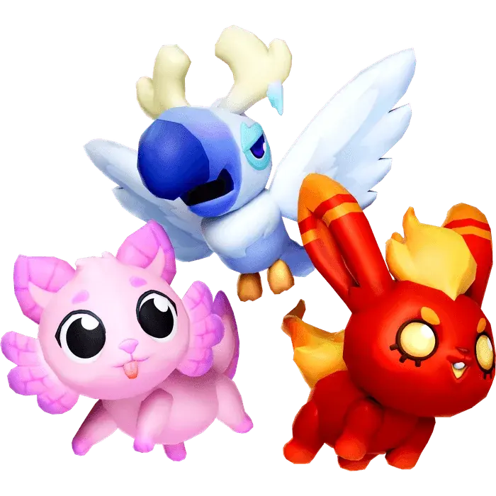 Three pets together: a pink axolotl, a blue and white toucan, and a red fire bunny.