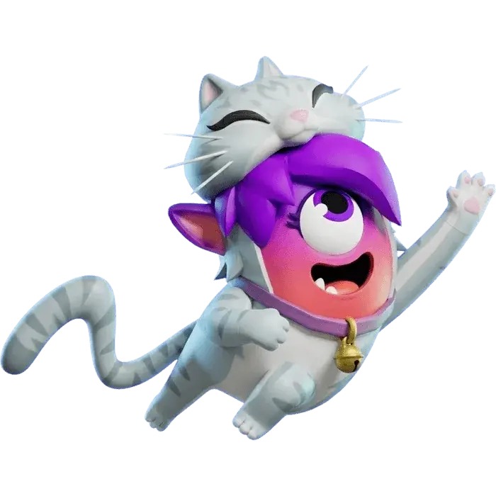 A monster soaring through the air in a fluffy gray cat suit with one paw raised.