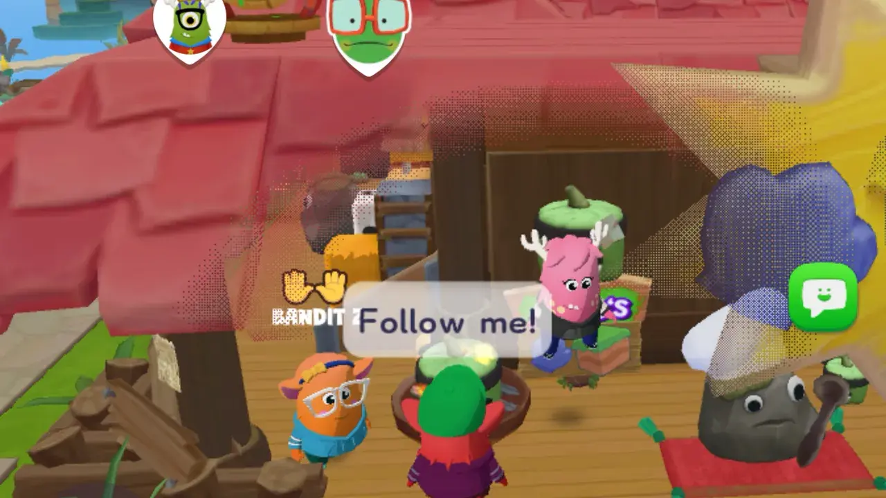 Players gathered around a cook pot in Camp Dojo with the camp chef.