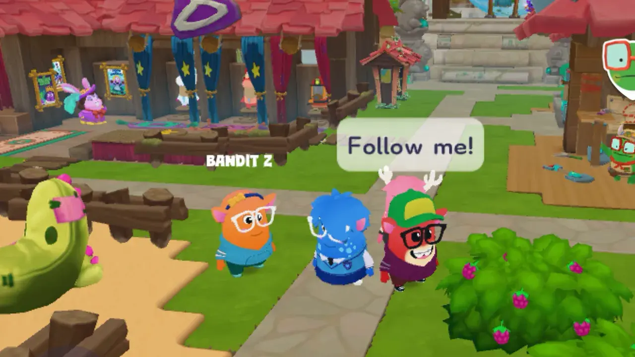 Three Dojo Islands players standing together on a camp path, one of them saying Follow me, with market stalls behind them.