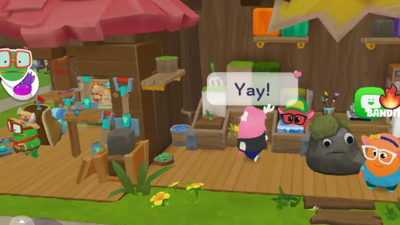 A Camp Dojo market stall with a shopkeeper behind the counter and tools laid out.