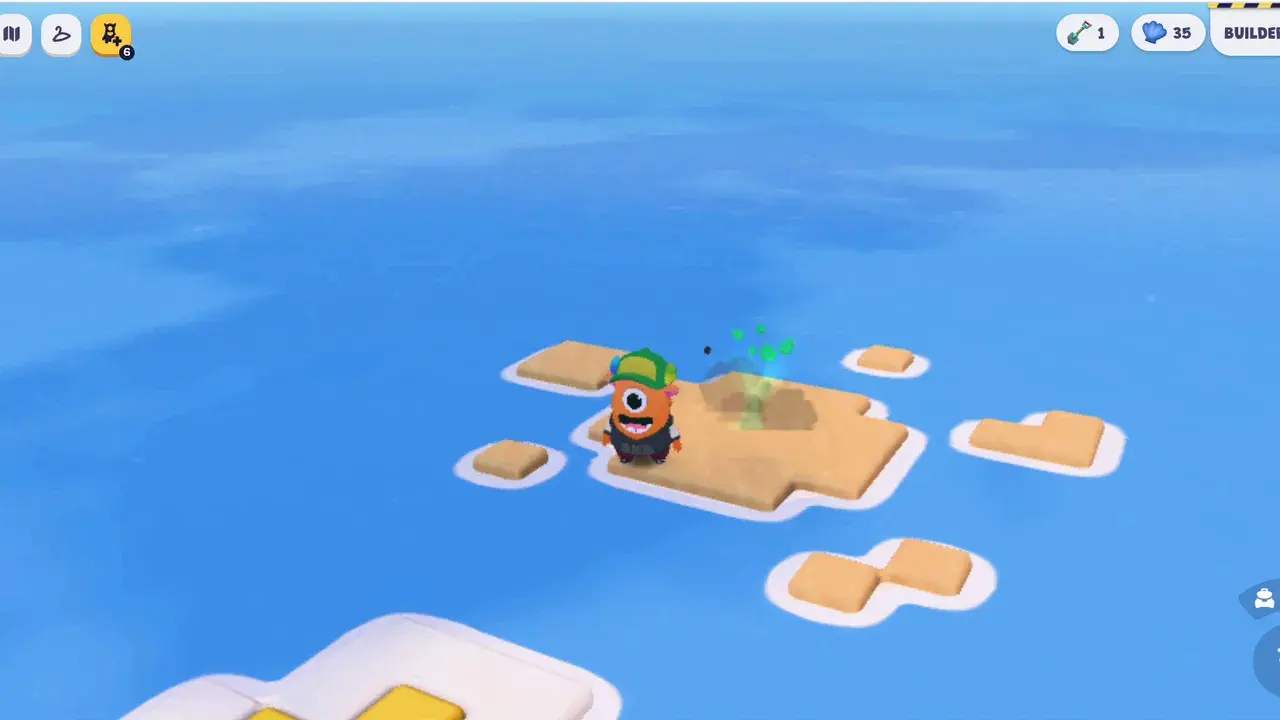 A single Dojo Islands player standing alone on a bare scrap of sand, surrounded by open water.