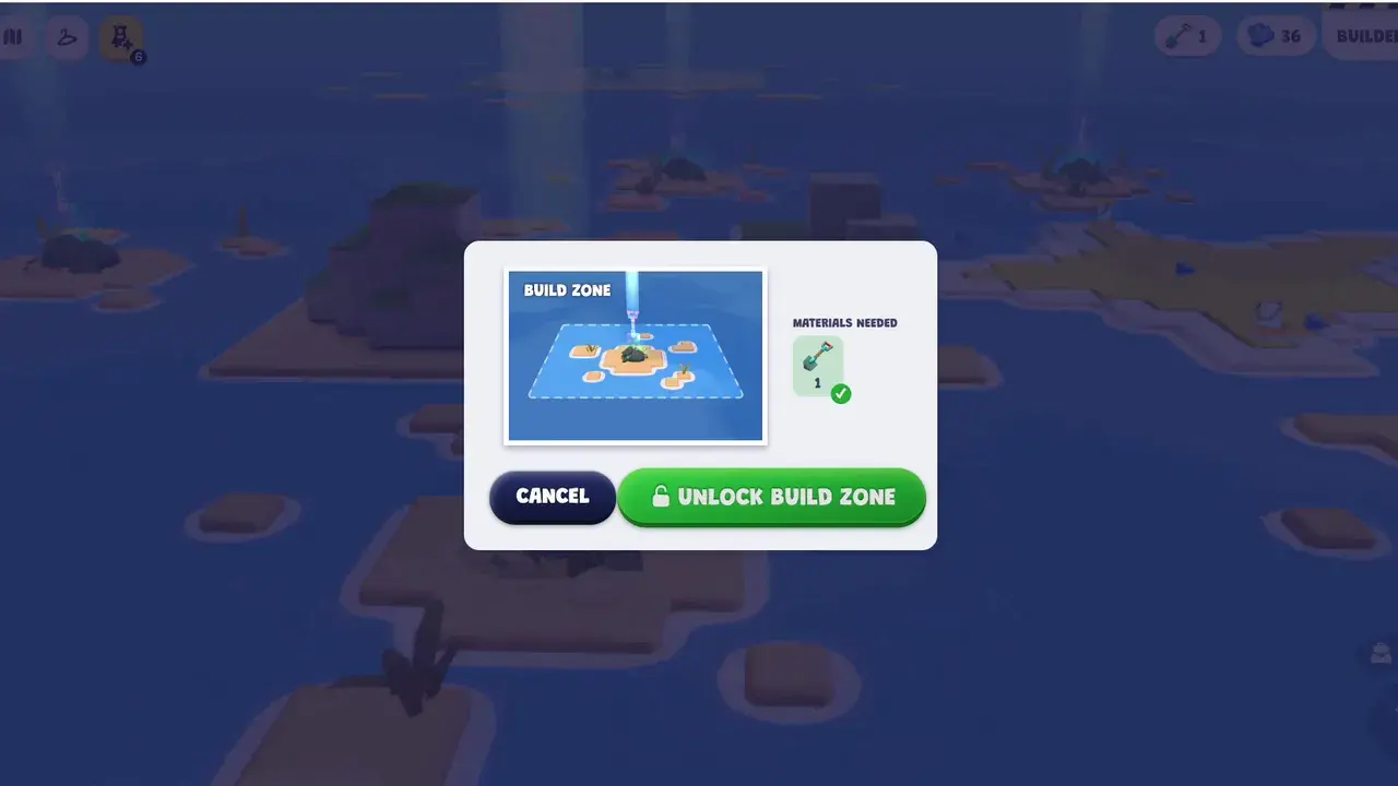 The build zone panel, showing what the next piece of ground costs.