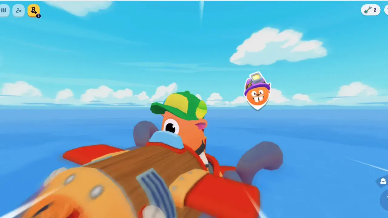 A Dojo Islands player flying an orange Skyak out over open water, with Camp Dojo behind them and an airship overhead.