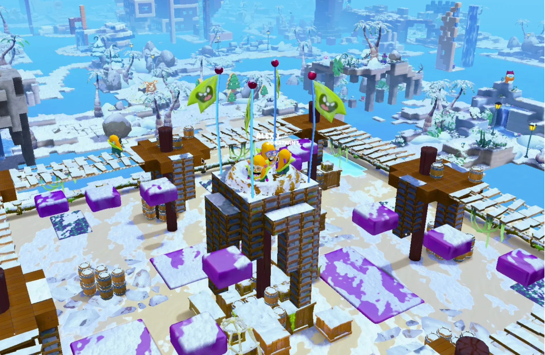 Chicken Tag snow map with icy platforms and players gathered at the center.