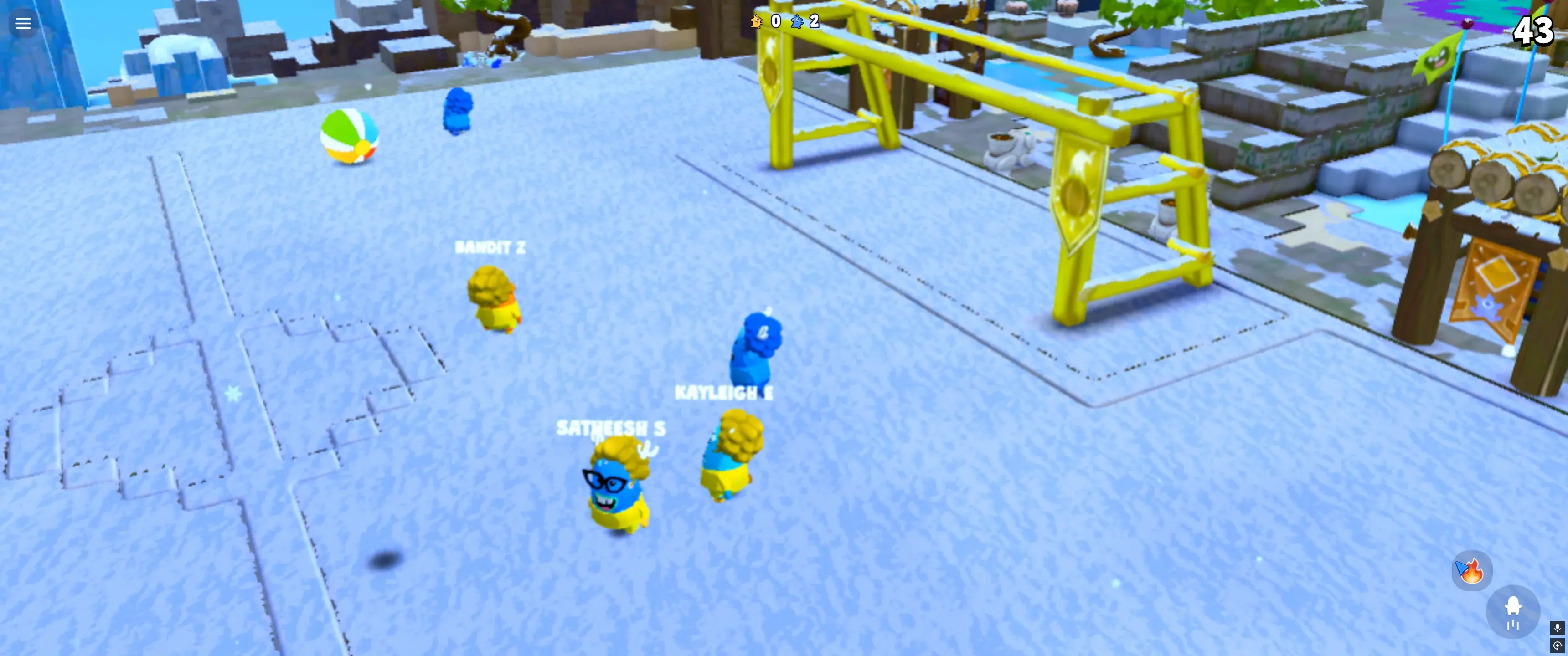 Players shoving the ball toward a yellow goal in the snow