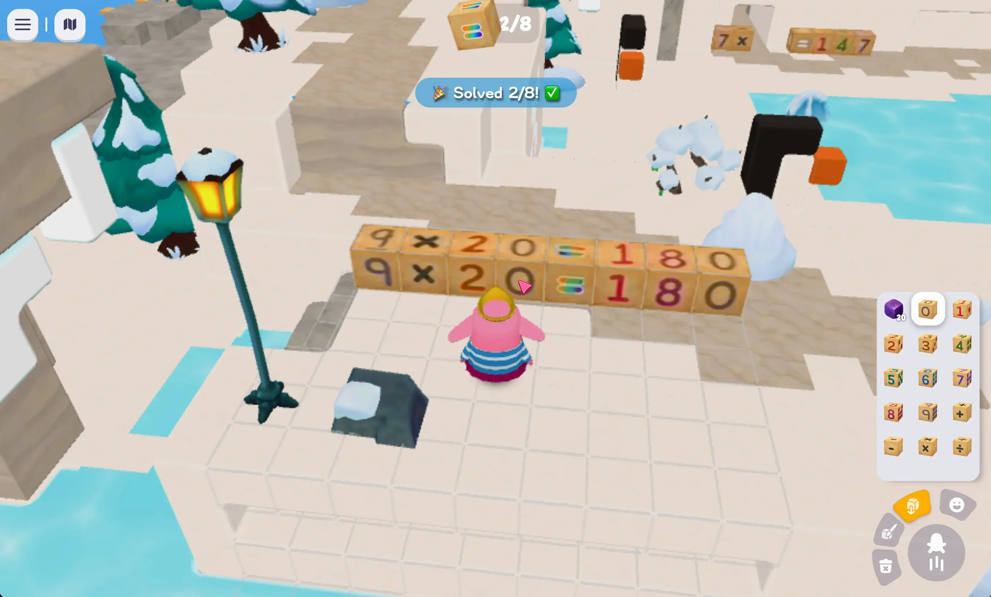 A player solving a multiplication equation on the blocks