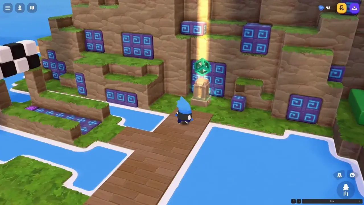 A Dojo Islands build zone: a cliffside dotted with special blue blocks and water channels, with a character standing in the middle.