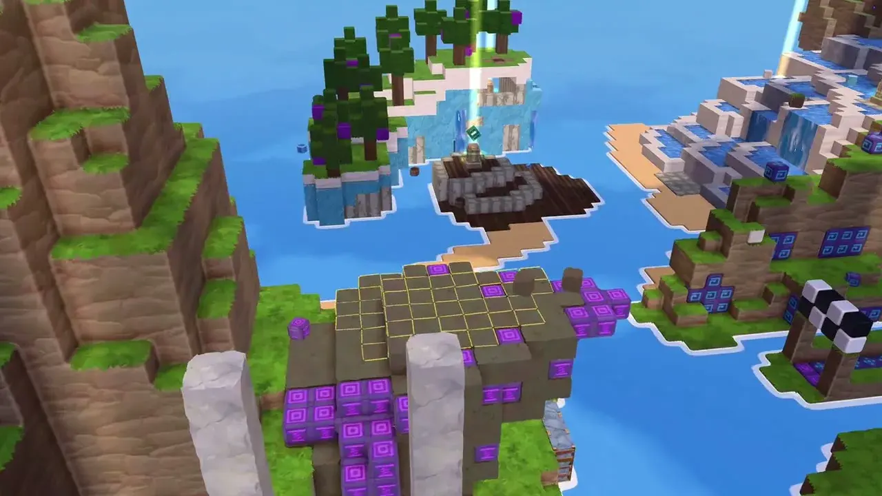 A wide view of Dojo Islands with platforms, water channels, and a fresh purple build sprouting from one of them.