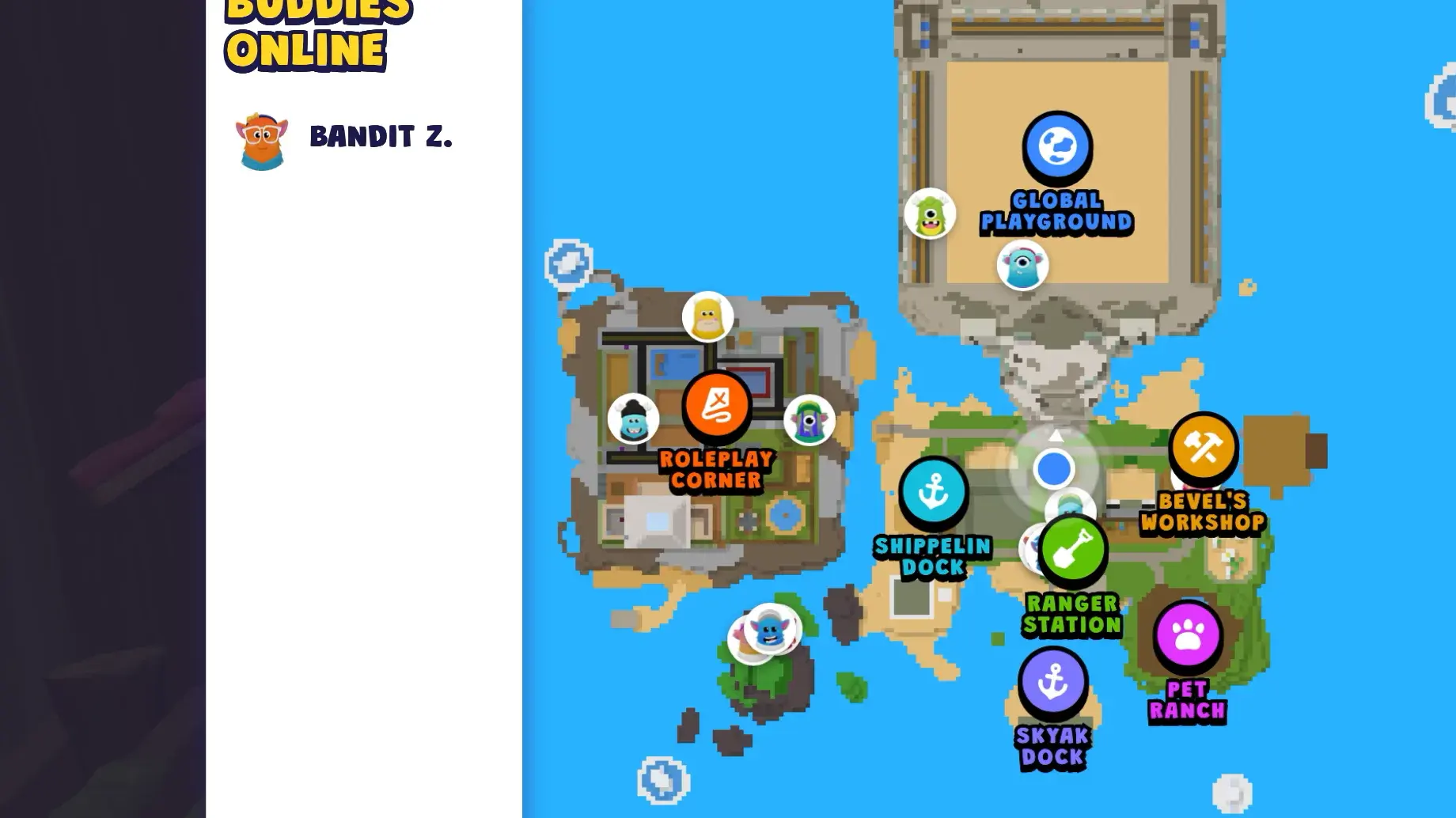 The Camp Dojo map, showing the Global Playground, Roleplay Corner, Shippelin Dock, Ranger Station, Bevel's Workshop, Pet Ranch and Skyak Dock, with a buddies online list beside it.