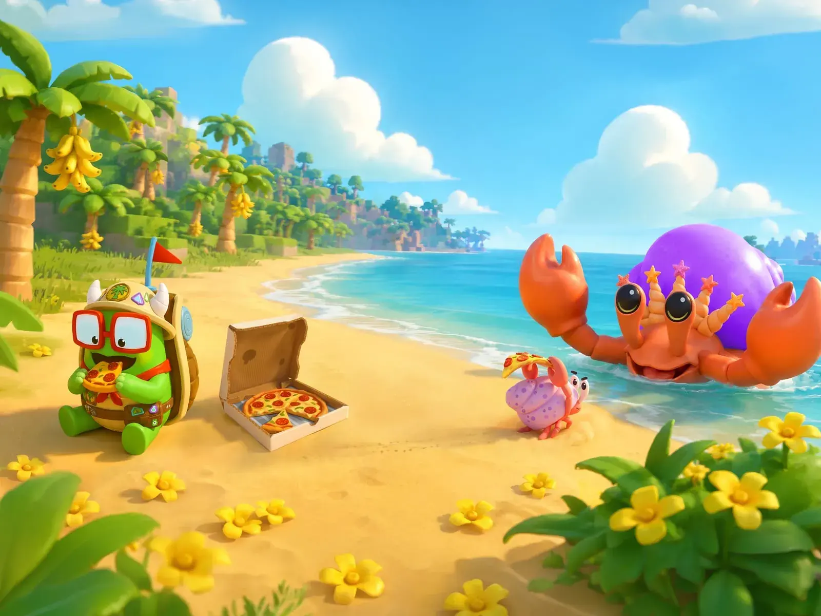 Ranger Tumbles sits on a beach in Dojo Islands next to an open pizza box, with a small hermit crab nearby.