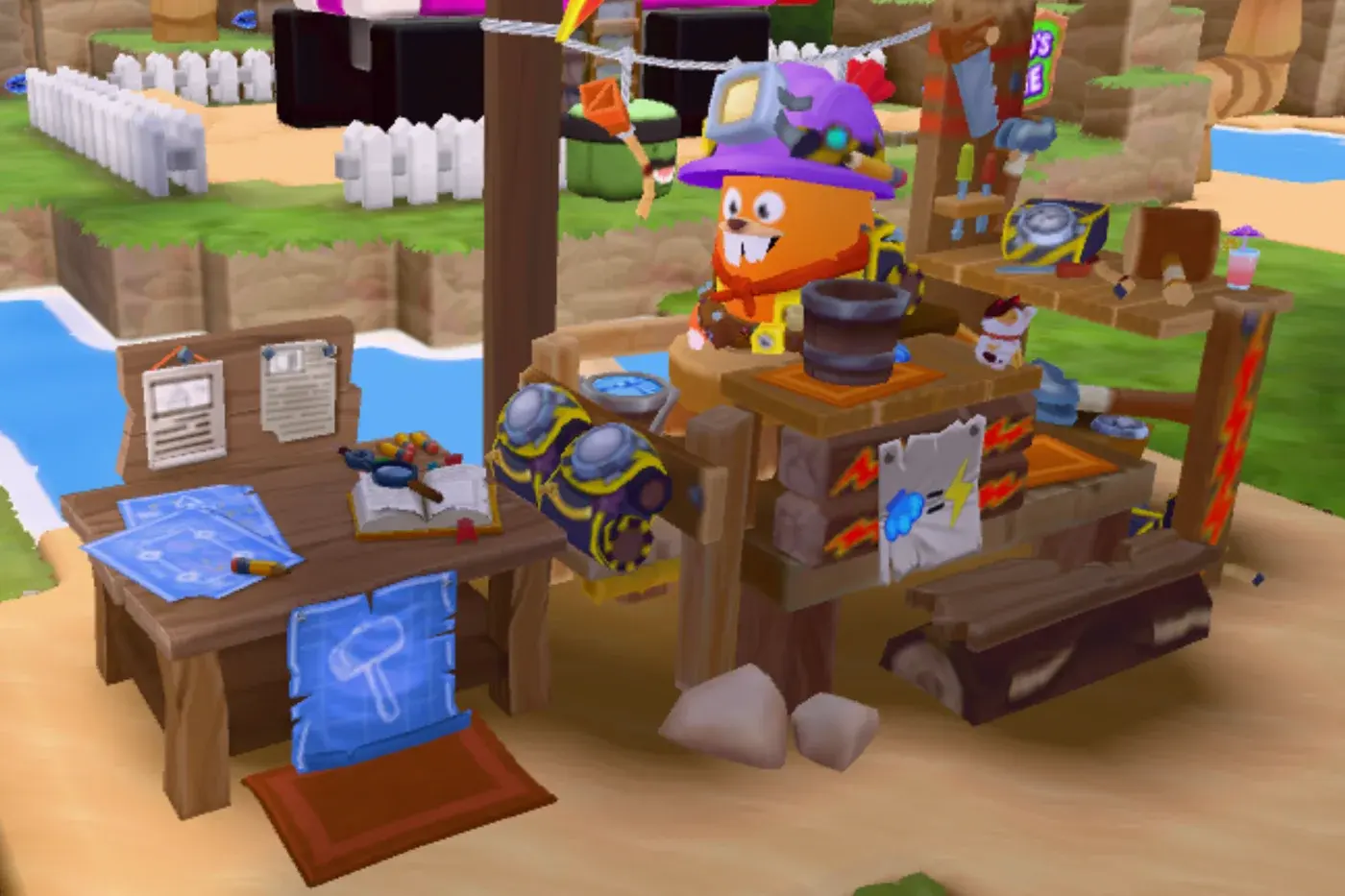 Bevel behind his crafting stall in Dojo Islands, surrounded by tools, blueprints and a workbench.
