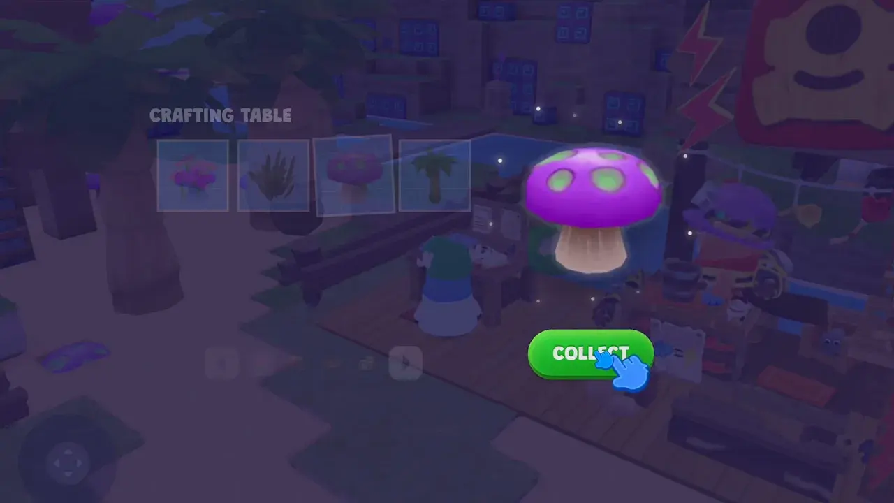 A freshly crafted purple mushroom glowing on the crafting table, with a collect button beneath it.