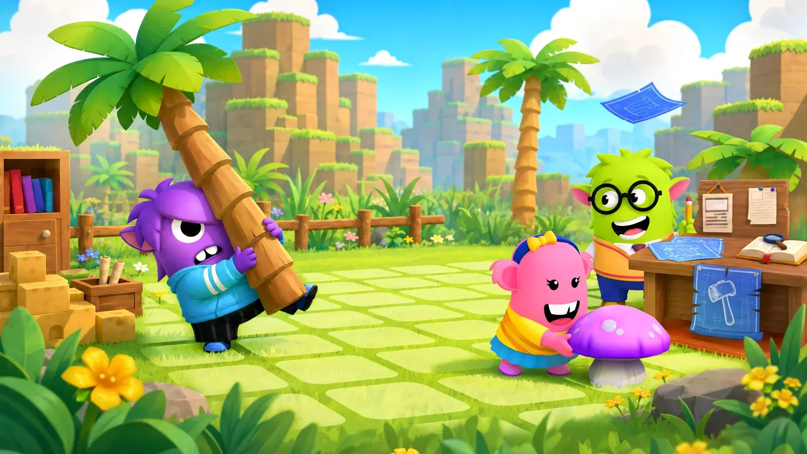 Dojo Islands characters hauling a palm tree and a giant mushroom across the grass, with a workbench of blueprints behind them.