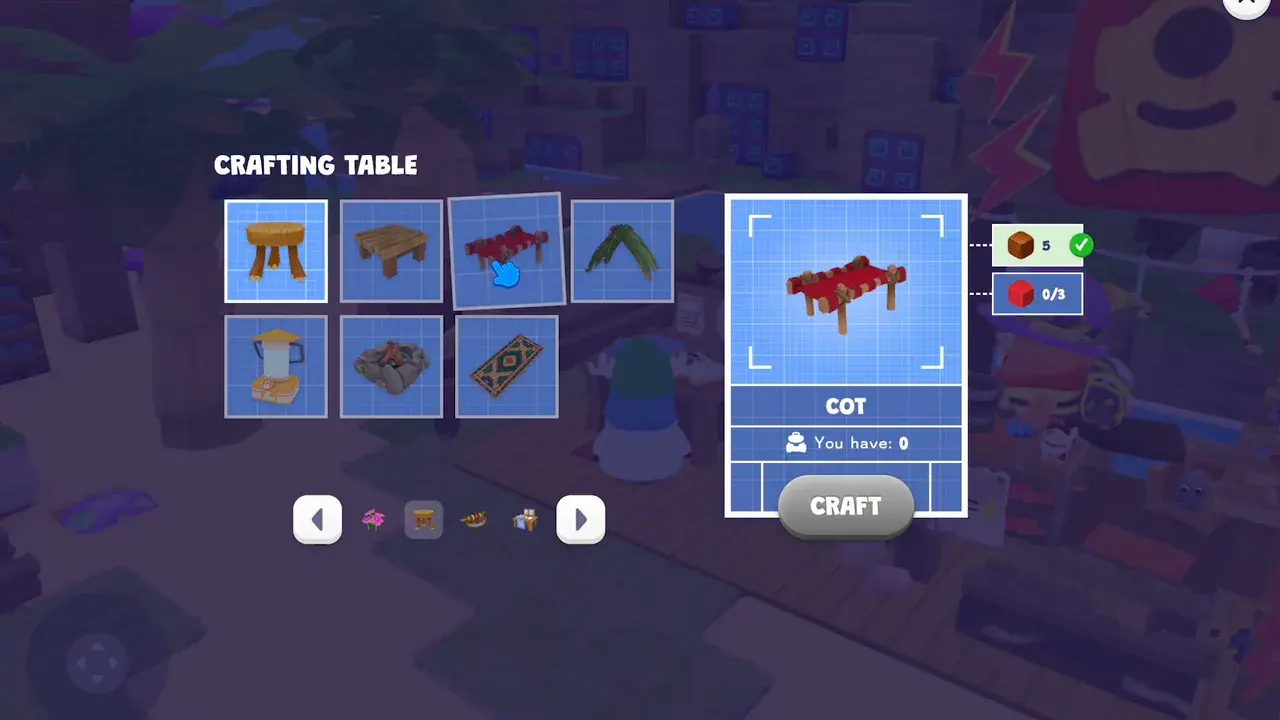 The Dojo Islands crafting table recipe book, showing a cot recipe and the blocks it costs.