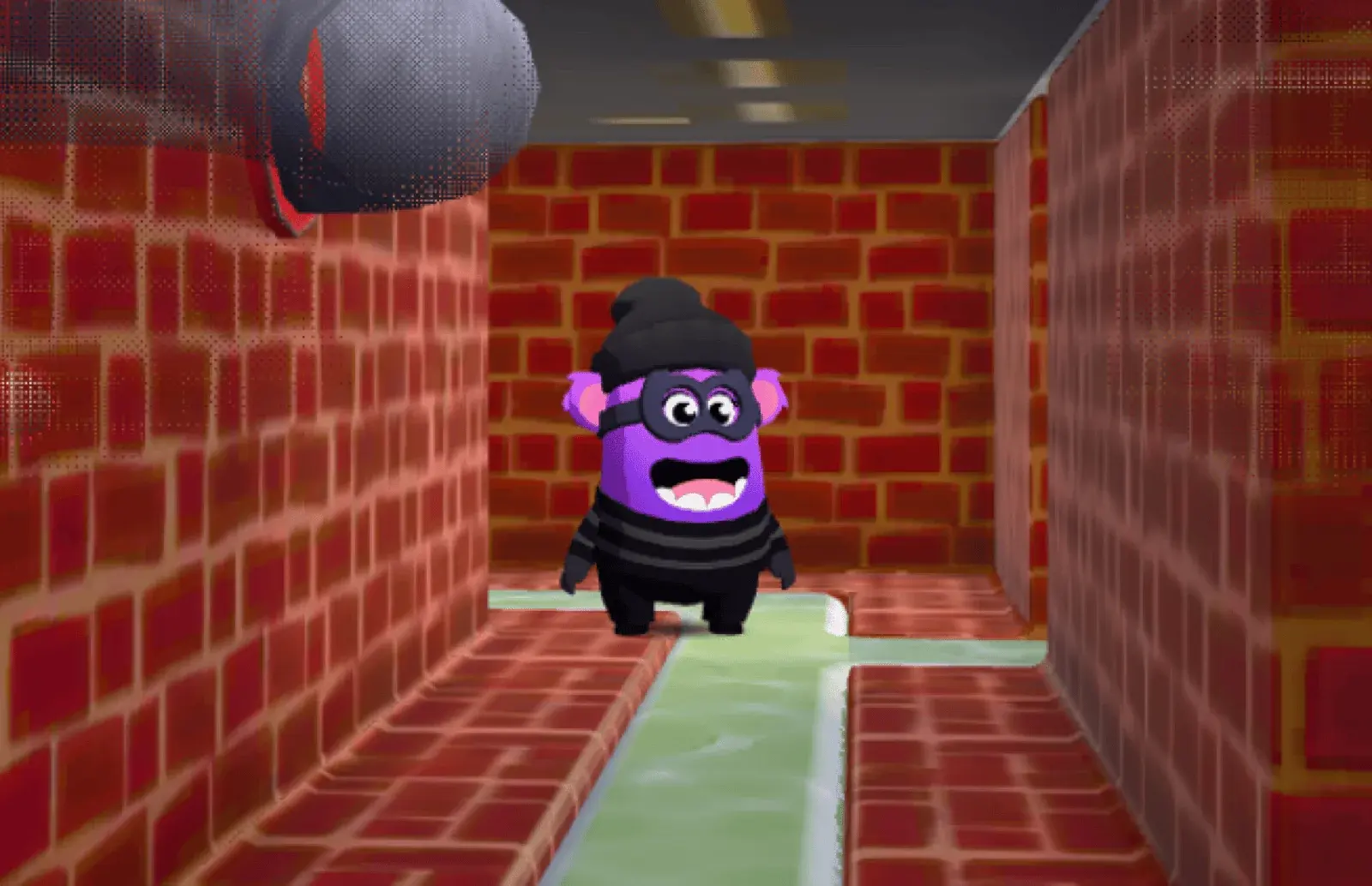 A Dojo Islands character wearing the burglar outfit: black mask, striped shirt, beanie. They stand in a brick corridor.