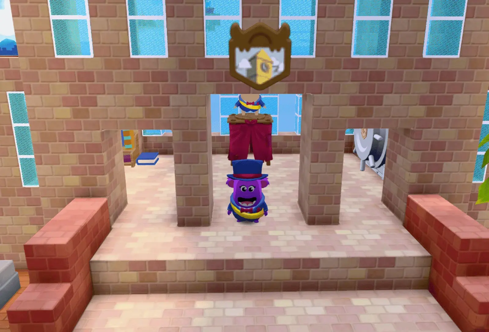 A Dojo Islands character at a changing station in Blockburg, wearing a top hat, with another outfit hanging on a rack above them.