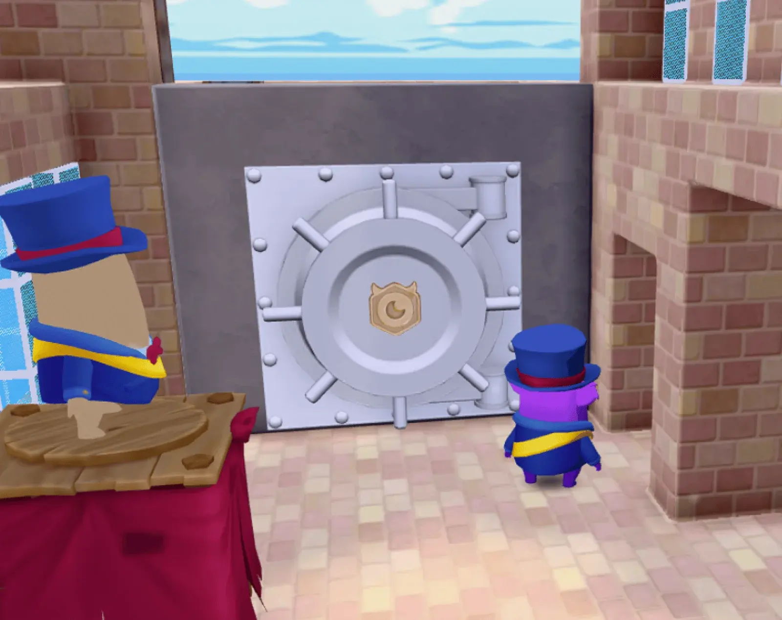 The mayor's vault in Blockburg Heights: a heavy round vault door set into a brick wall, with the mayor standing in front of it.