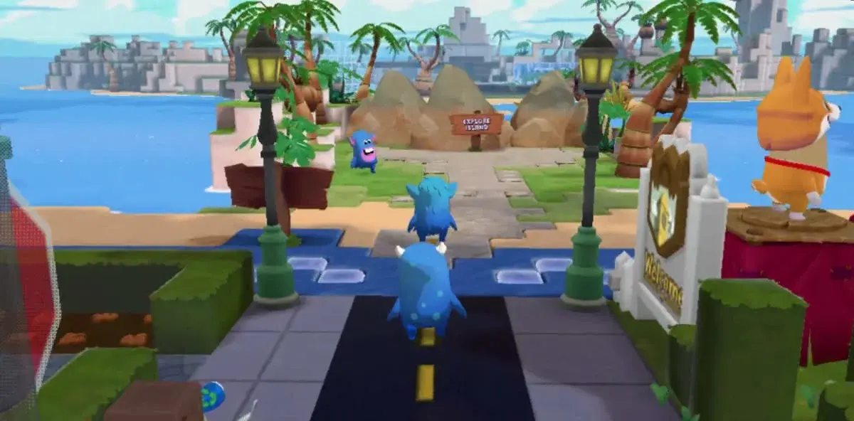 Characters running through the streets of Blockburg Heights past lampposts and a welcome sign.