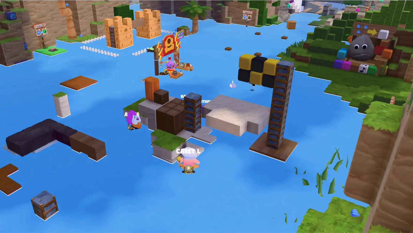 Dojo Islands under high water: rooftops, half-sunk buildings, and players swimming between platforms.