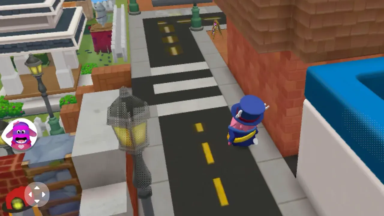 Looking down a street on somebody else's island: roads, crossings, lamp posts and a white building they built themselves.