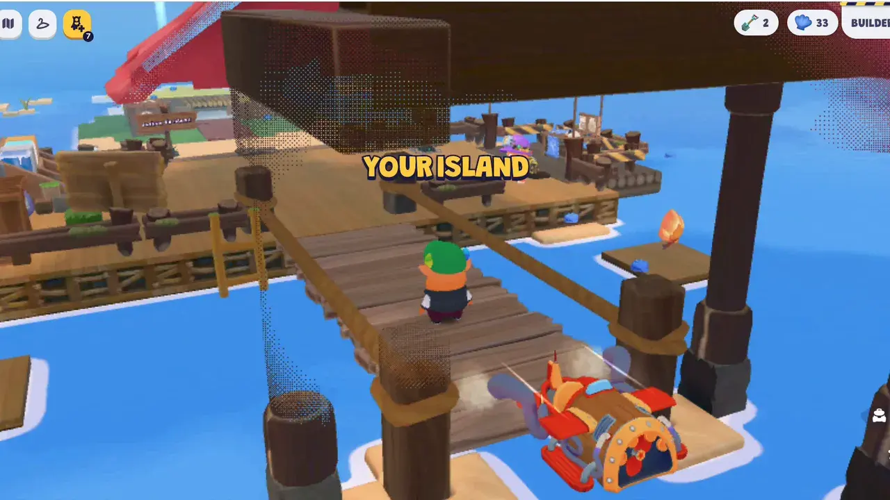 Coming in to land at a wooden dock with a Your Island sign.
