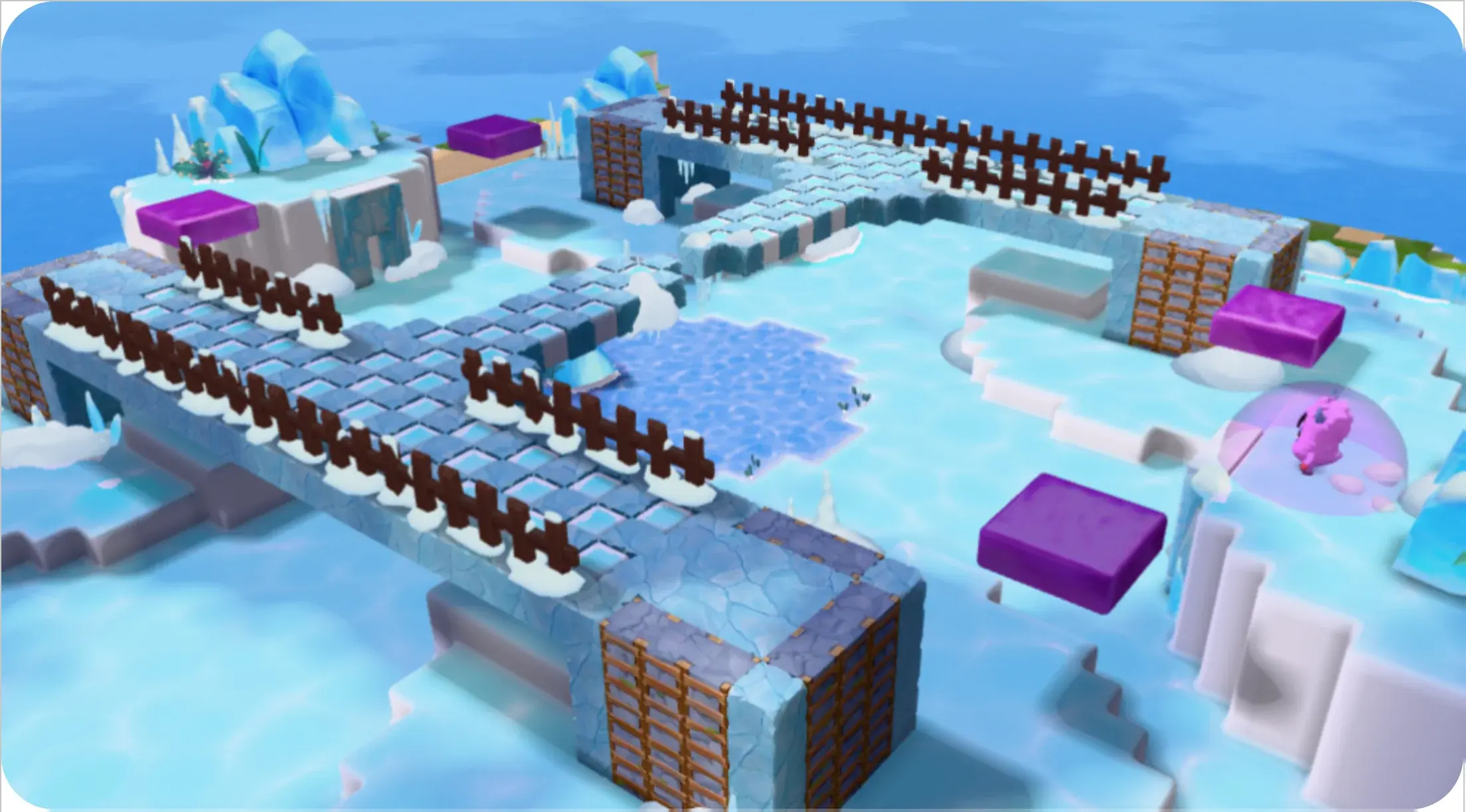 Snowy platforms and bridges across the ice