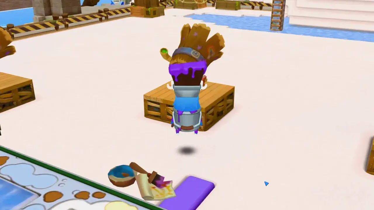 A player covered in purple paint launching from a cannon