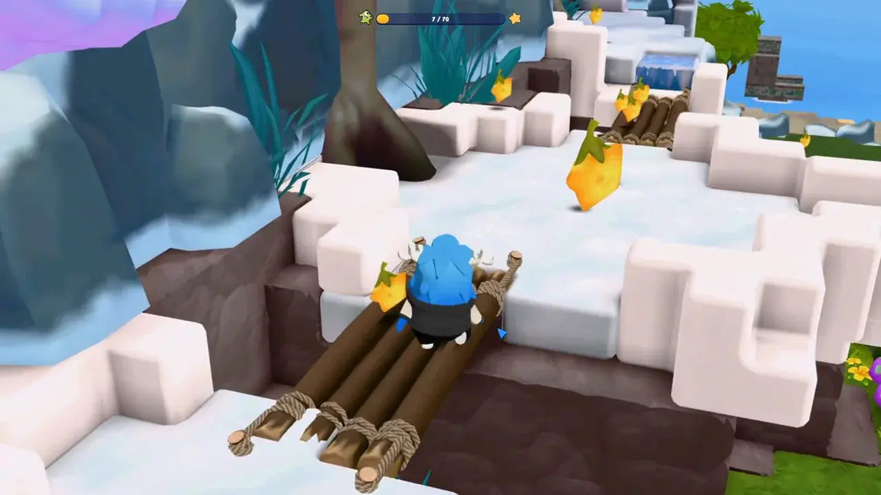 A character collecting golden stars among snowy platforms in Star Hunters.