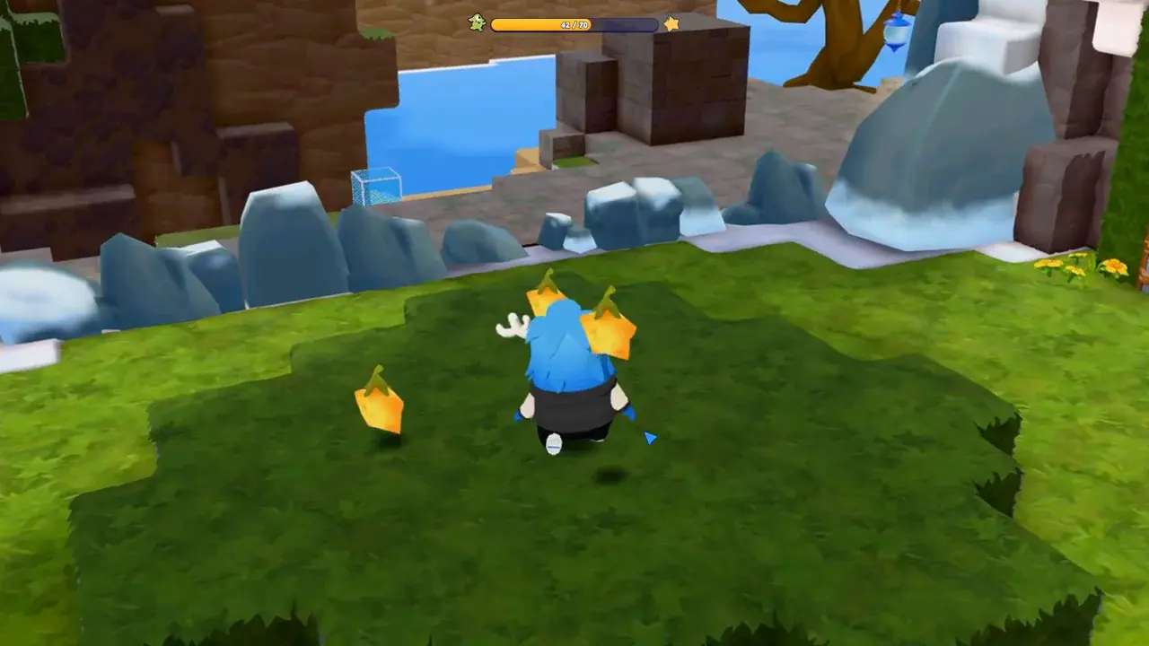 A character running toward a star on a green island in Star Hunters.