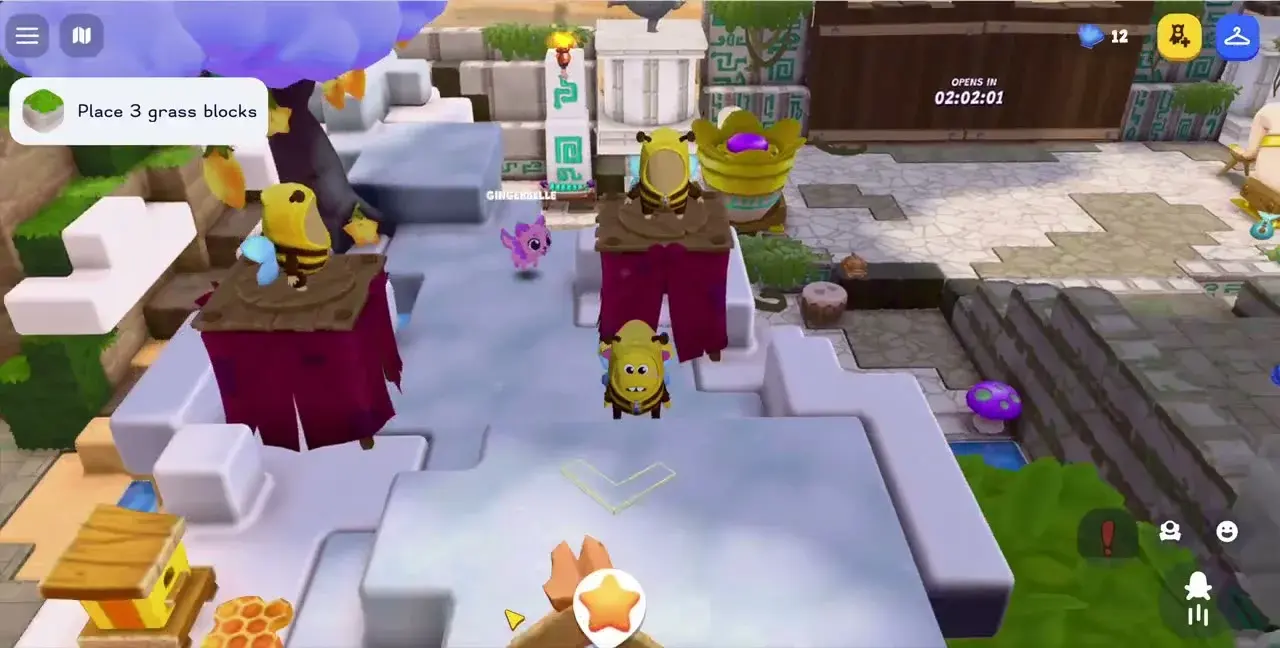 Players in bee costumes climbing a cloud island with a quest to place grass blocks.
