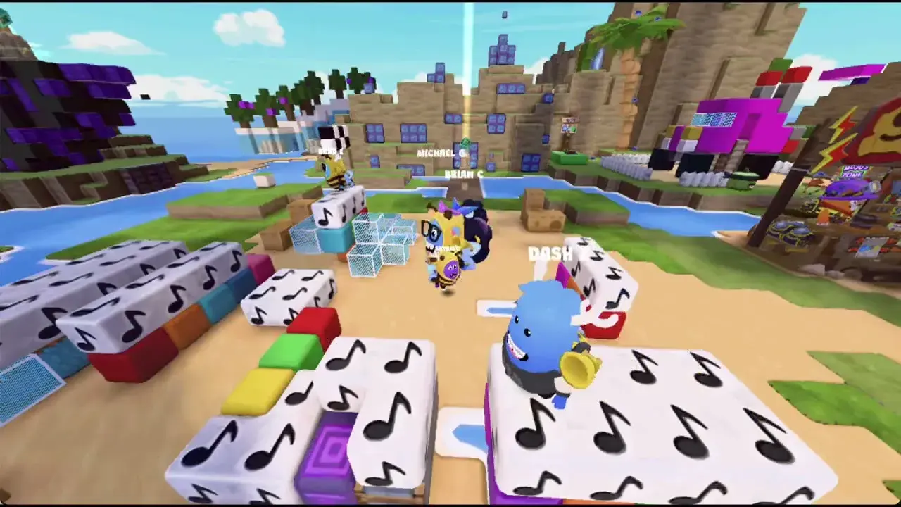 Players dancing on a giant music note floor with colored note blocks scattered around.