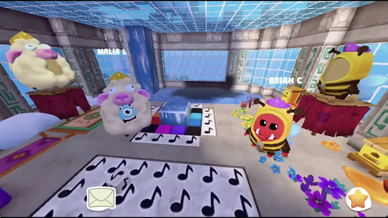 Sheep and bee characters facing off inside a Dojo Islands cloud chamber, music note floor between them.