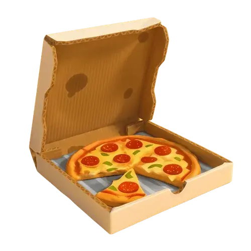 An open pizza box with a single slice missing.