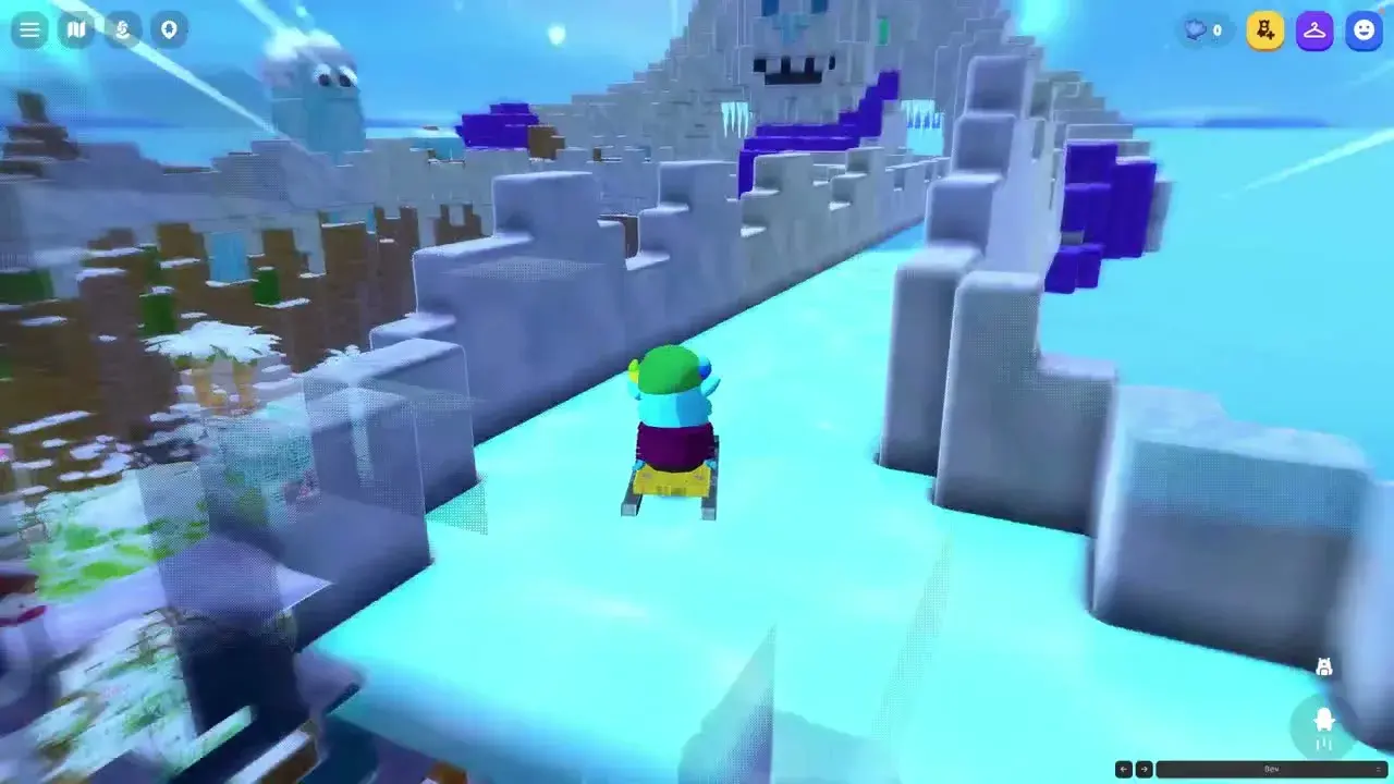 A sled skidding into a frozen corner of Dojo Islands, ice blocks scattered along the track.