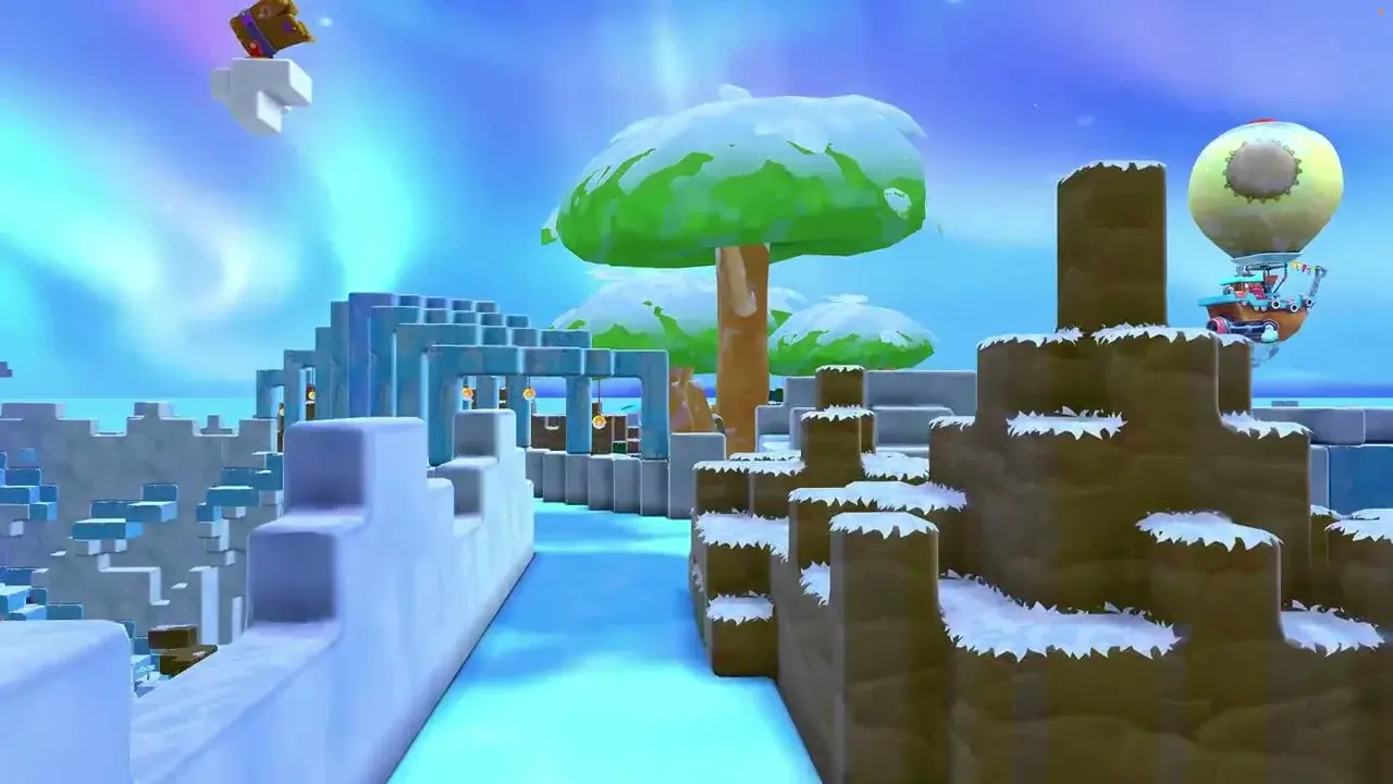 A flythrough view of the banked ice racetrack on Dojo Islands, with jumps and turns and no guardrails in sight.