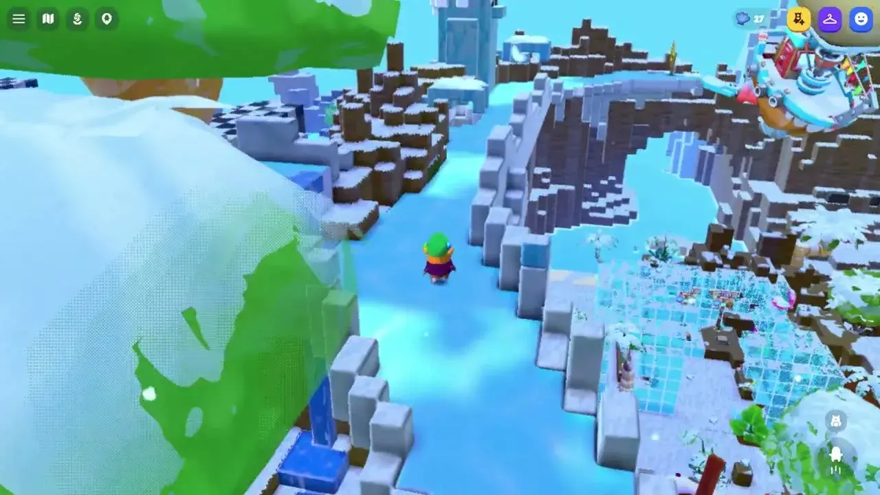 An overview of the new ice racetrack on Dojo Islands, snow-capped blocks and an icy course winding through the world.