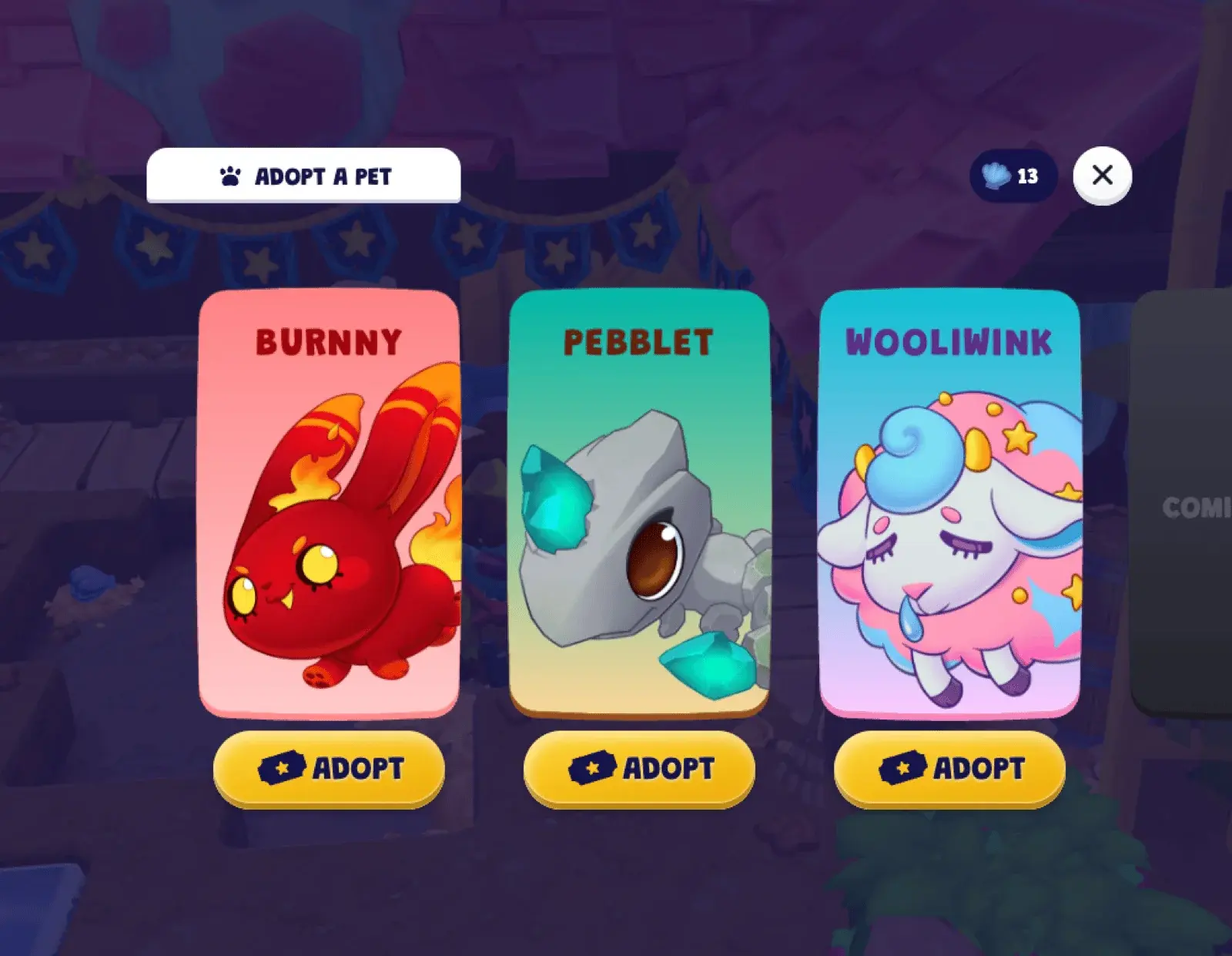 The in-game adoption screen on Dojo Islands, showing three pet cards: Burnny the fire bunny, Pebblet the rock pet, and Wooliwink the cloud sheep.