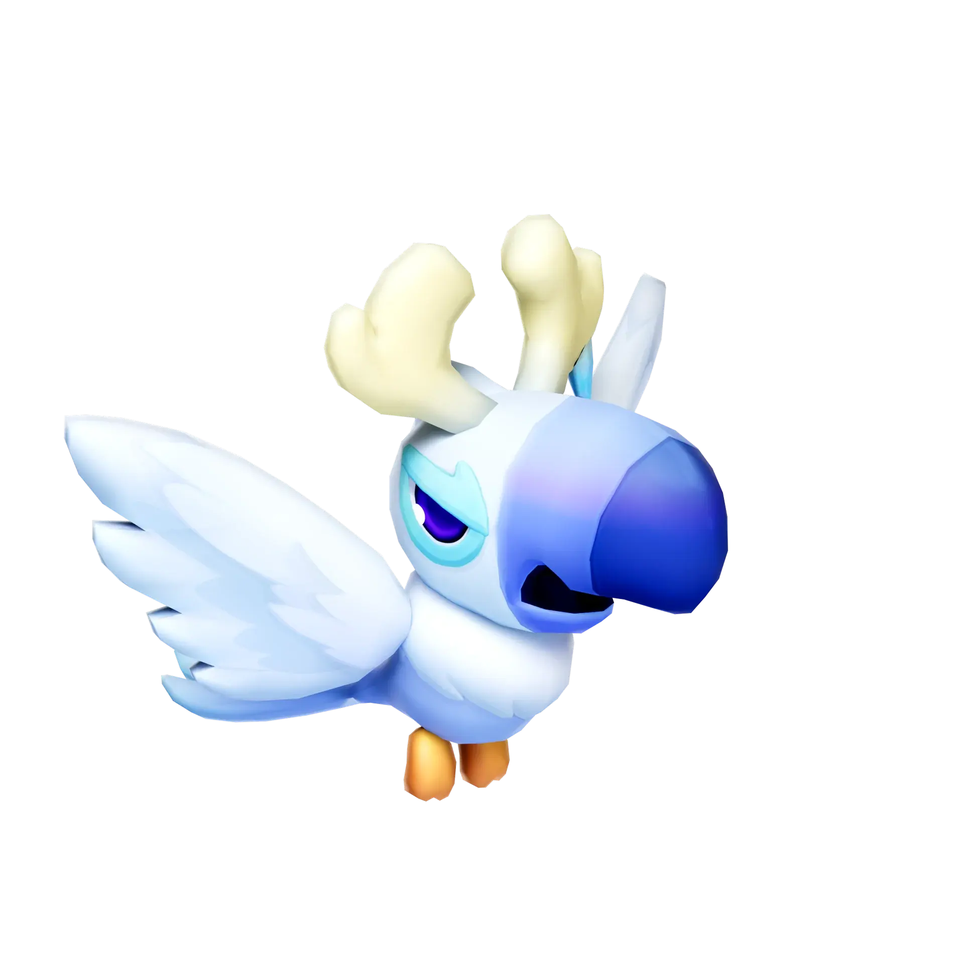 The Moocan, a blue and white toucan pet with small antlers and wings.