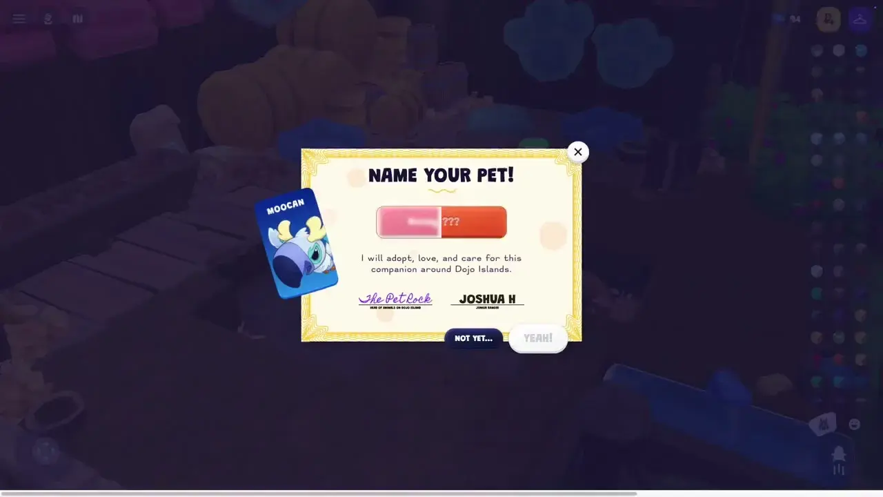 The pet adoption certificate on Dojo Islands, ready to name your new pet.