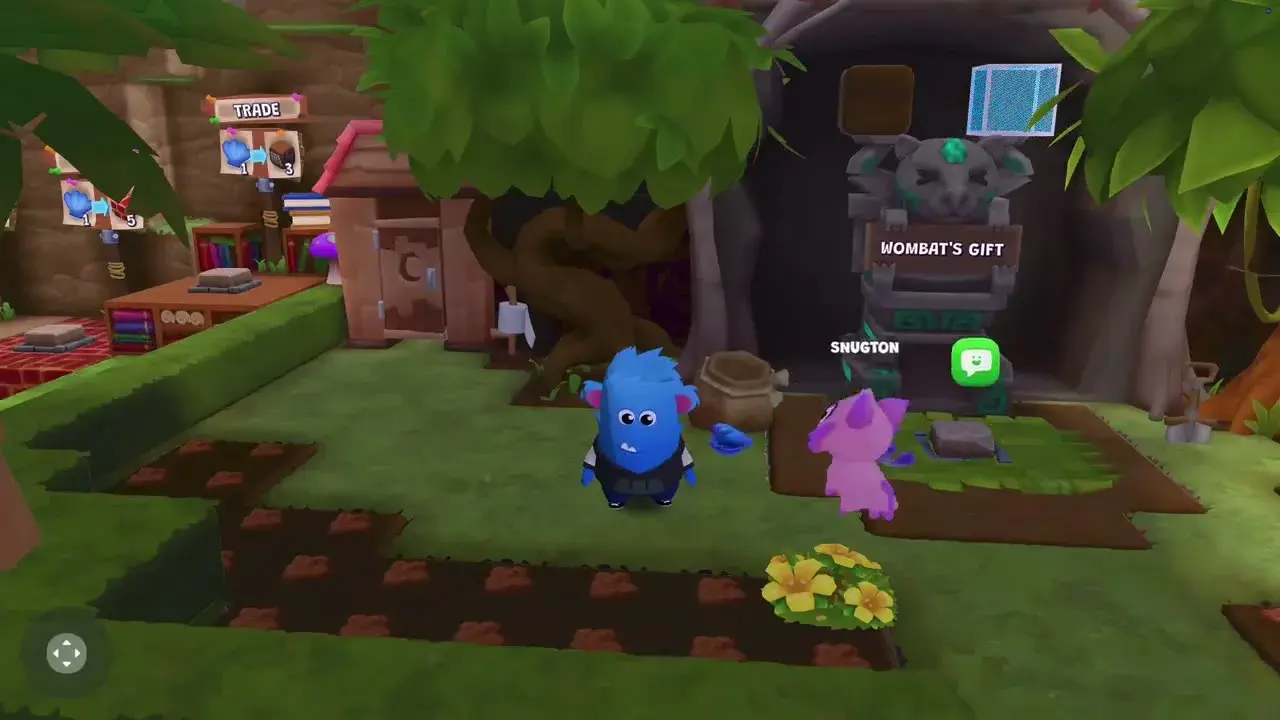 A character on Dojo Islands accompanied by a pet axolotl-cat, near a wombat trade station in the woods.