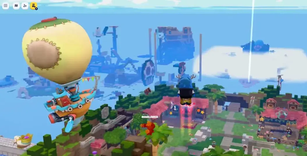 A character mid-launch on rocket boots, blasting straight up off a Dojo Islands platform.