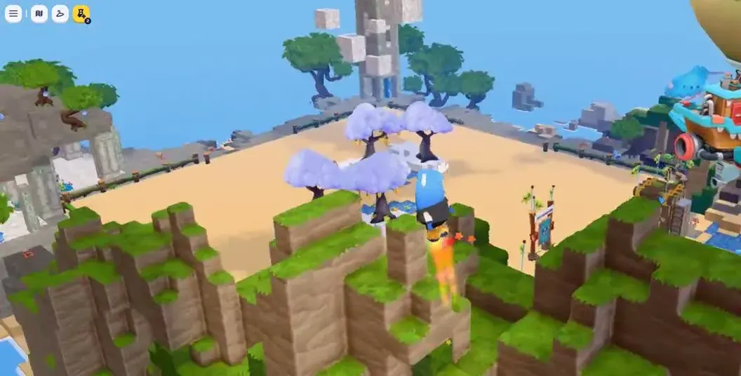 A character clearing the treetops on rocket boots, flames shooting from the soles.