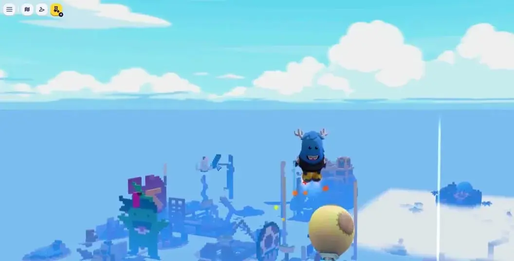 A character paused at the top of their rocket-boot arc, the island tiny below.