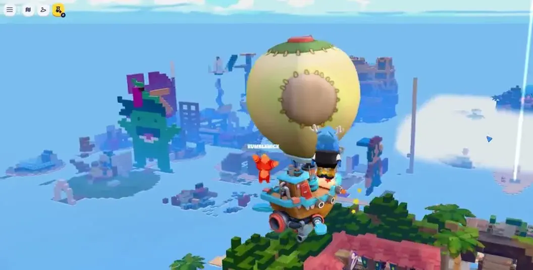 A character standing on top of a hot-air balloon, the whole island spread out around them.