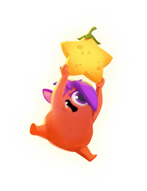 A purple Dojo Islands character holds a giant golden star above their head with both arms.