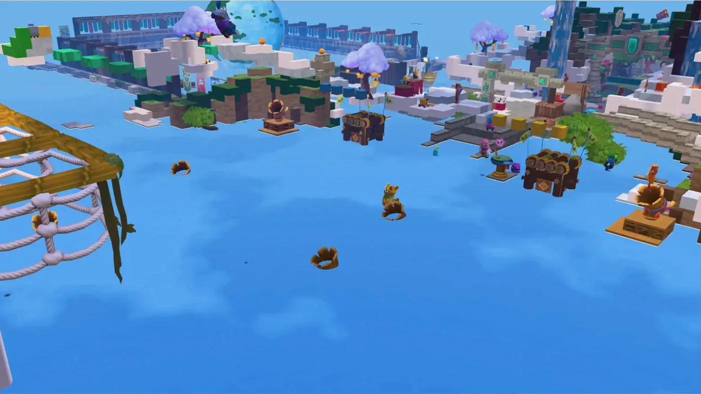 The island at high tide, water swallowing the paths between buildings.