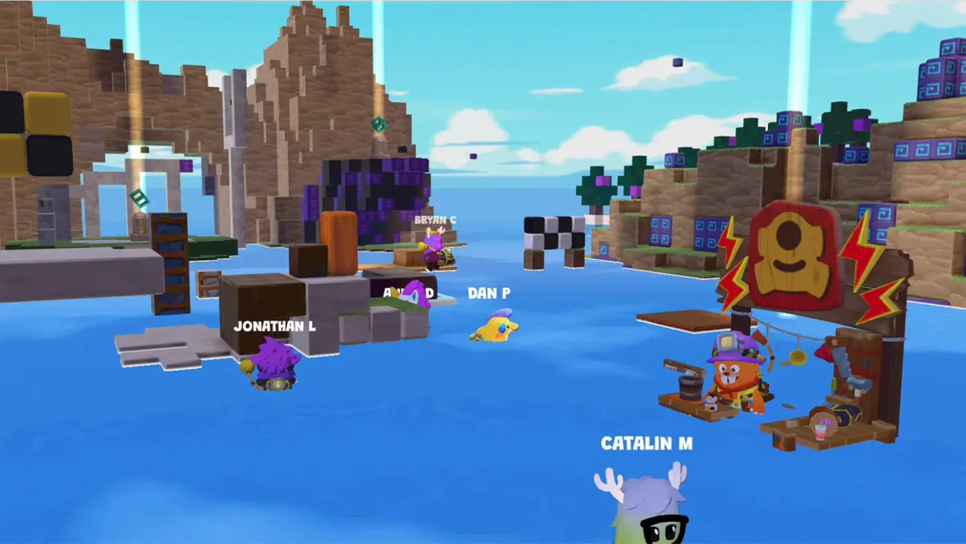A character swimming between half-sunken buildings on Dojo Islands.